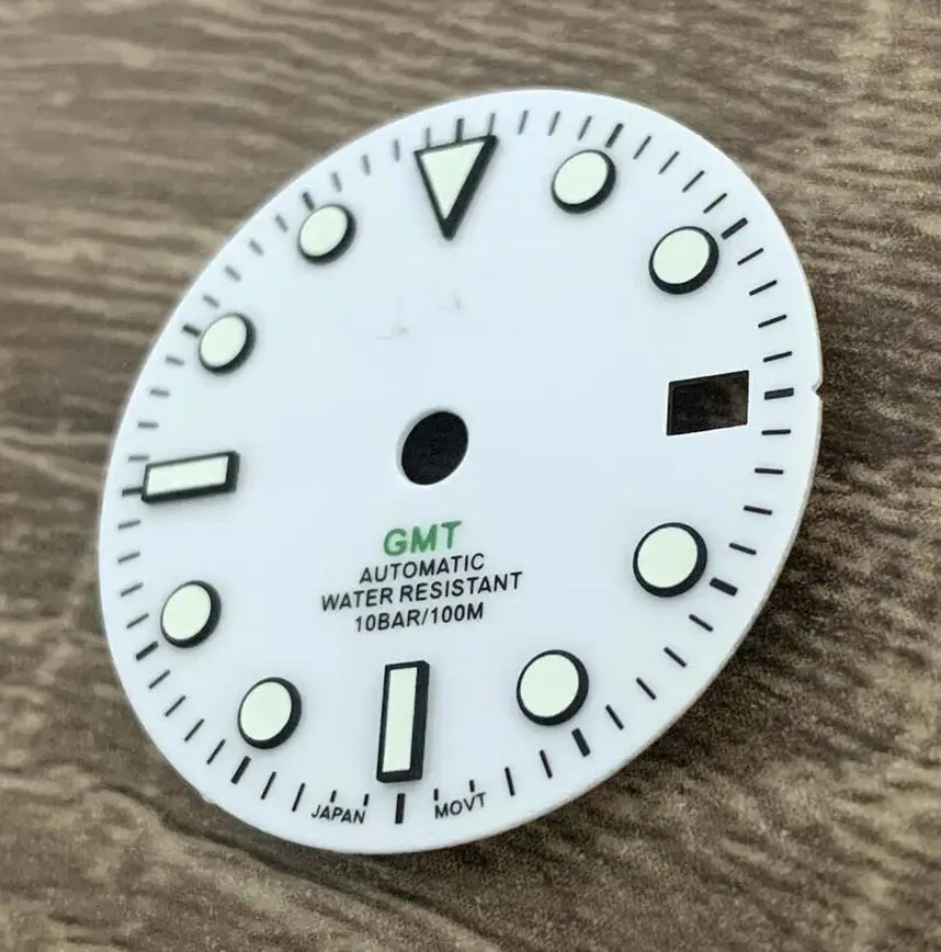 Watch Accessories 29MM Dial Enamel White Letter Dial Green Luminous GMT 4 Hands Dial for NH34 Movement