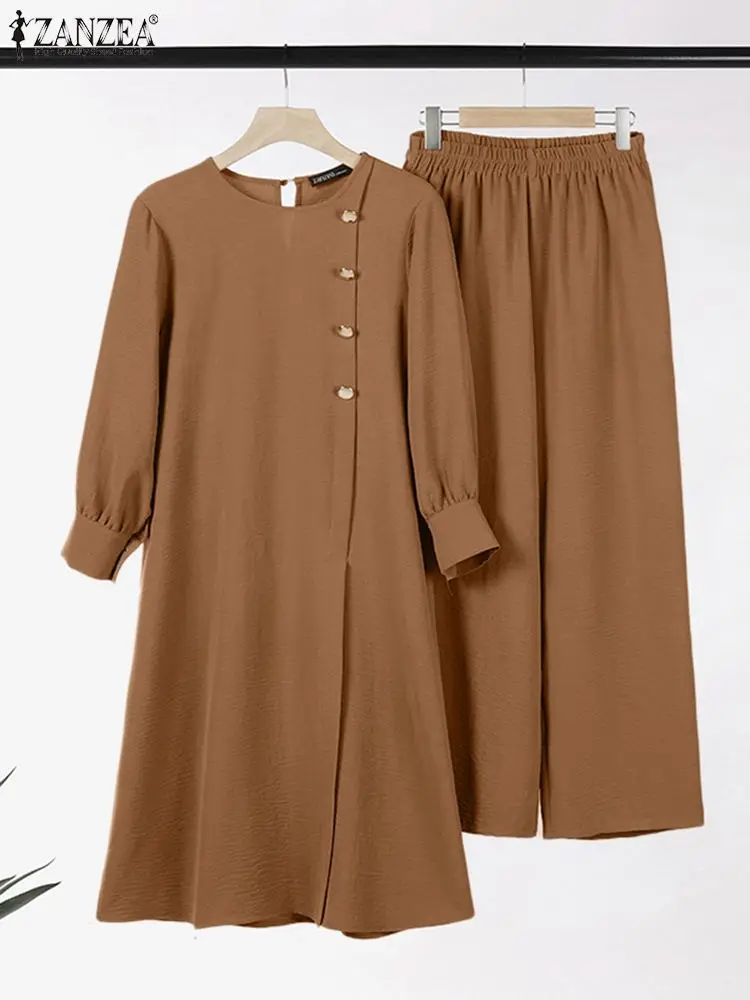2023 ZANZEA Eid Mubarek Muslim Suit Two Piece Sets Long Sleeve Split Hem Tops Loose Pant Woman Vintage OL Work Urban Tracksuit