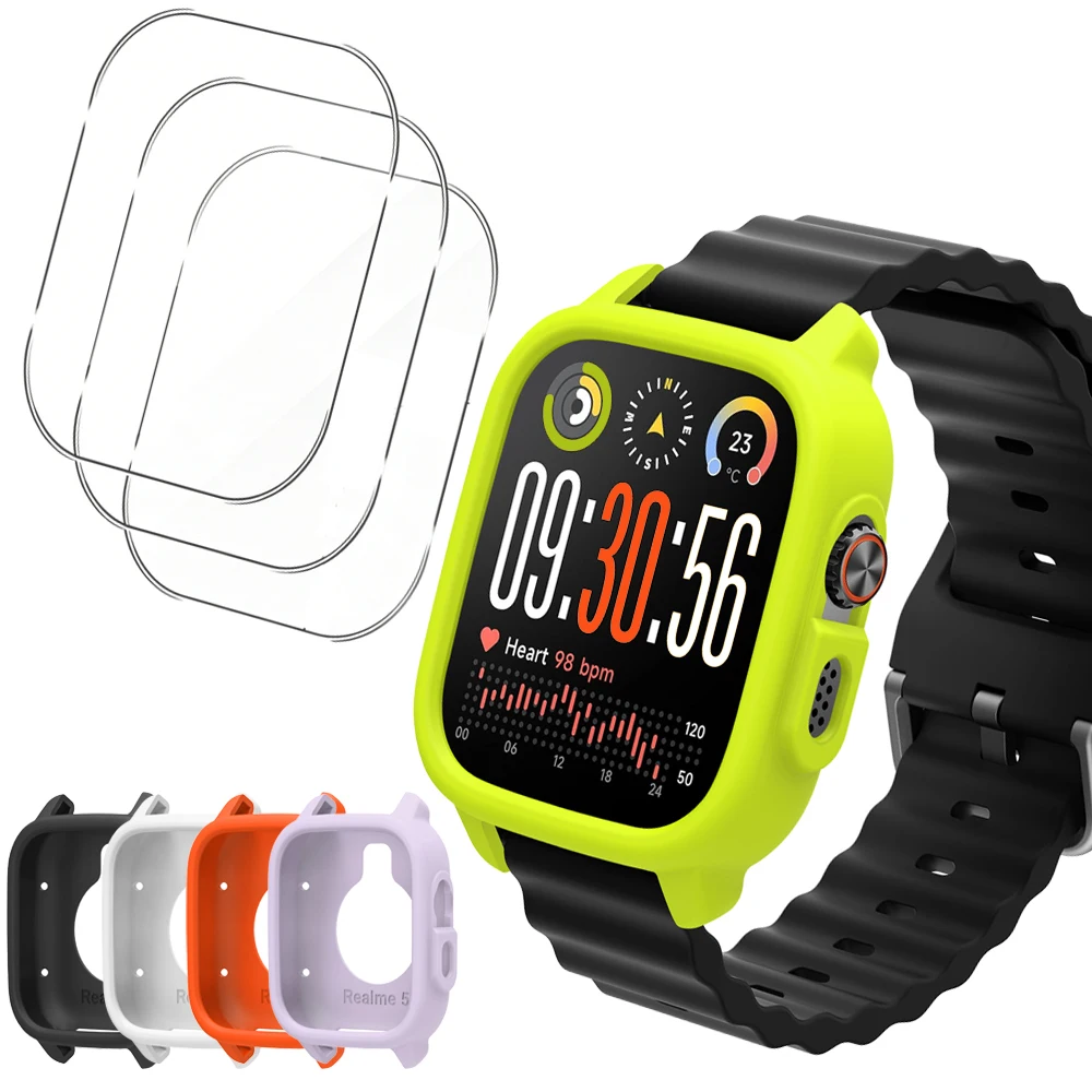 Фото Силиконовый защитный чехол + 3 шт. защитных стекол для Realme Watch 5, защитная пленка для смарт-часов, полая рамка и аксессуары для пленок №1
