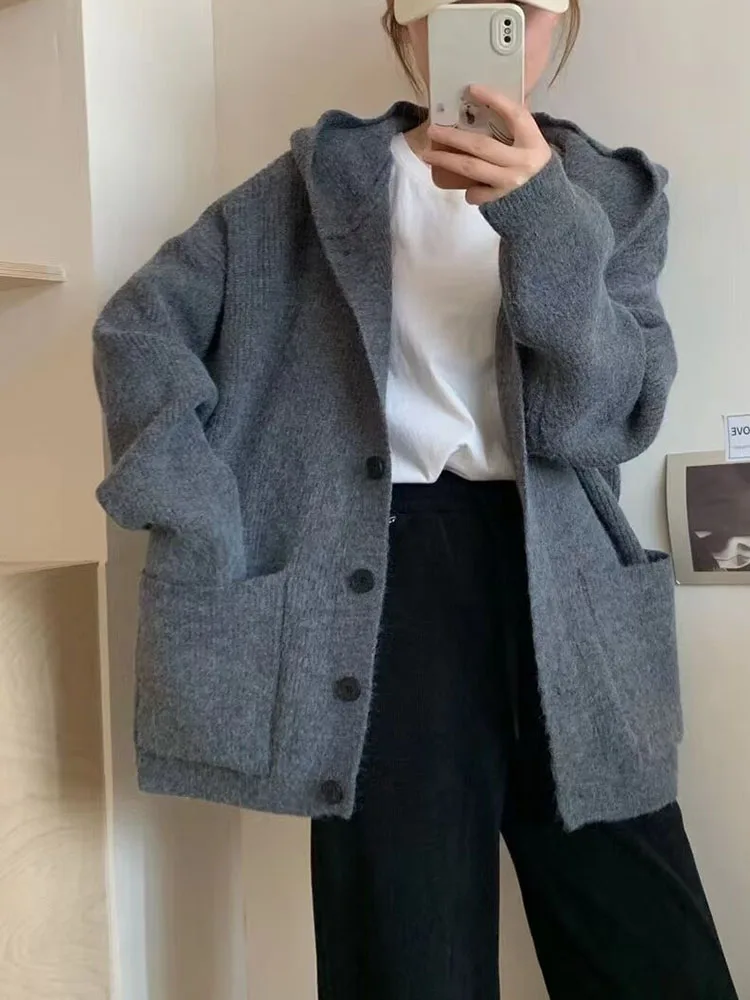 Осенне-зимний корейский свободный вязаный кардиган с капюшоном женский мягкий