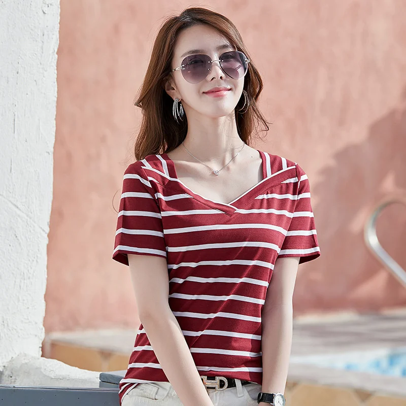 

Женская футболка в полоску, с V-образным вырезом и коротким рукавом