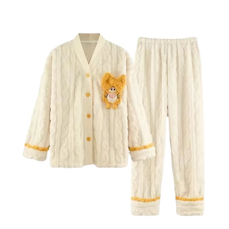 2022 Autumn Winter Pajamas Set Women Sleep Shirt Pant Set Sleepwear Warm cotton Nightgown Female Cartoon Bear Animalimal Pijamas
