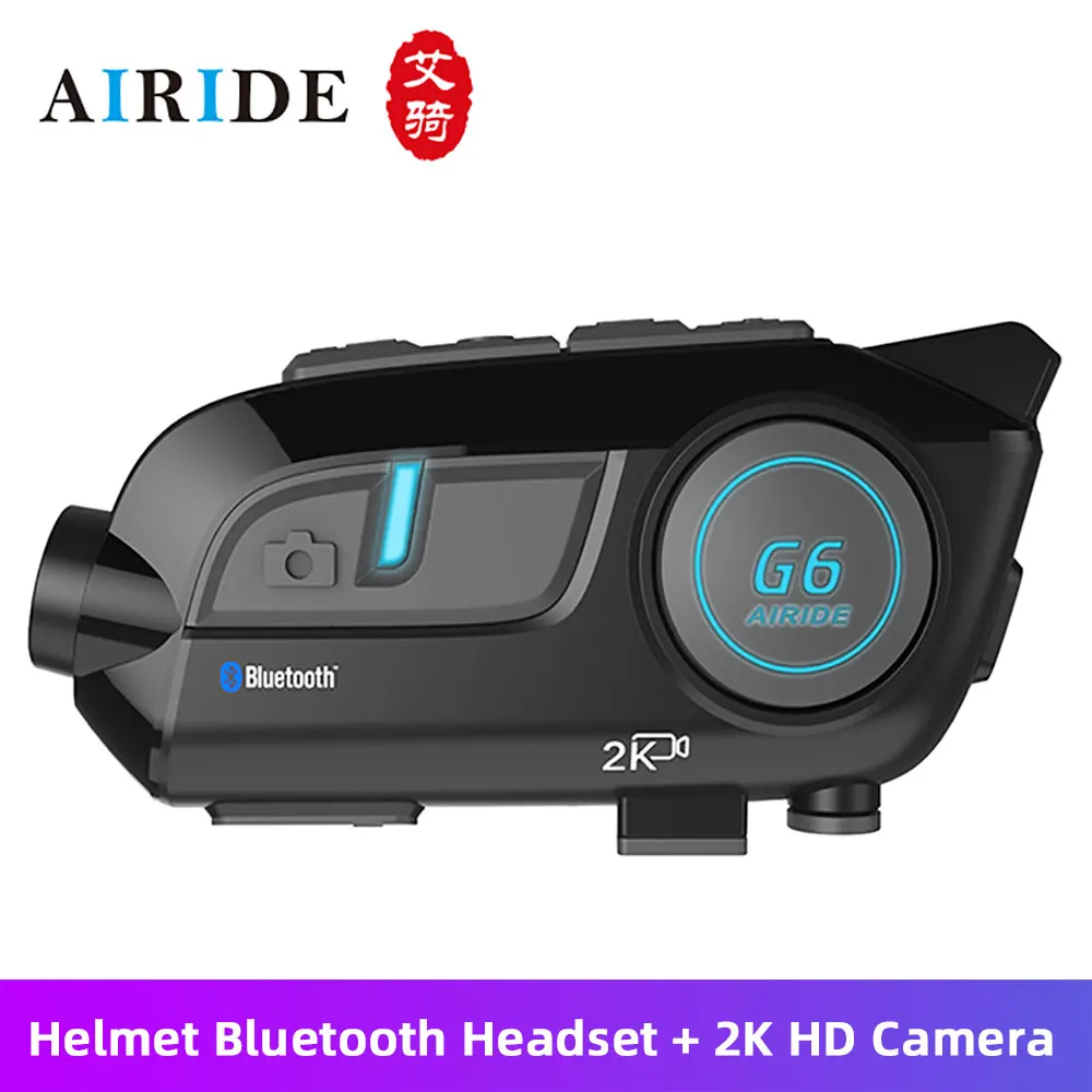 AIRIDE G6 2K الترا HD كاميرا مسجل قيادة خوذة تحوي سماعة بلوتوث بلوتوث 5.0 دراجة نارية إنترفون 6 أشخاص 800 متر
