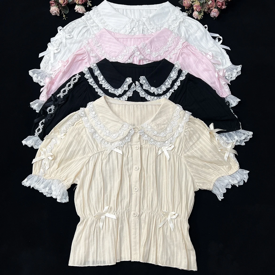 

Lolita Blouse Girly Sweet Japan Kawaii Bow Lace Peter Pan Collar Short Sleeve Shirts Women White High Waist Slim Inside Blouses