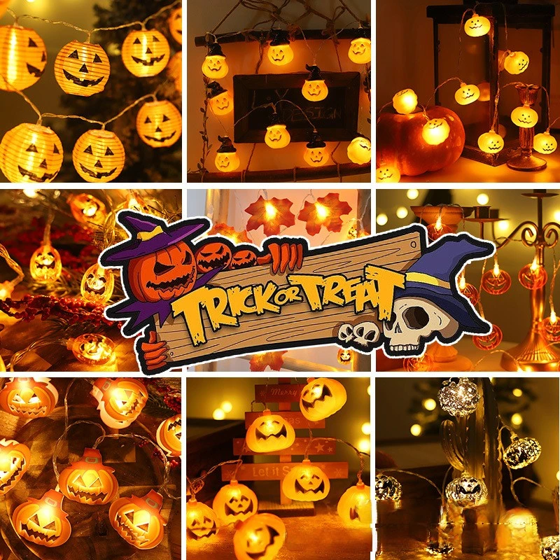 

Led Halloween Pumpkin Lantern Lighting Chain Hat Ghost Lamp Chain Festival Maple Leaf Ornamental Festoon 2023 New
