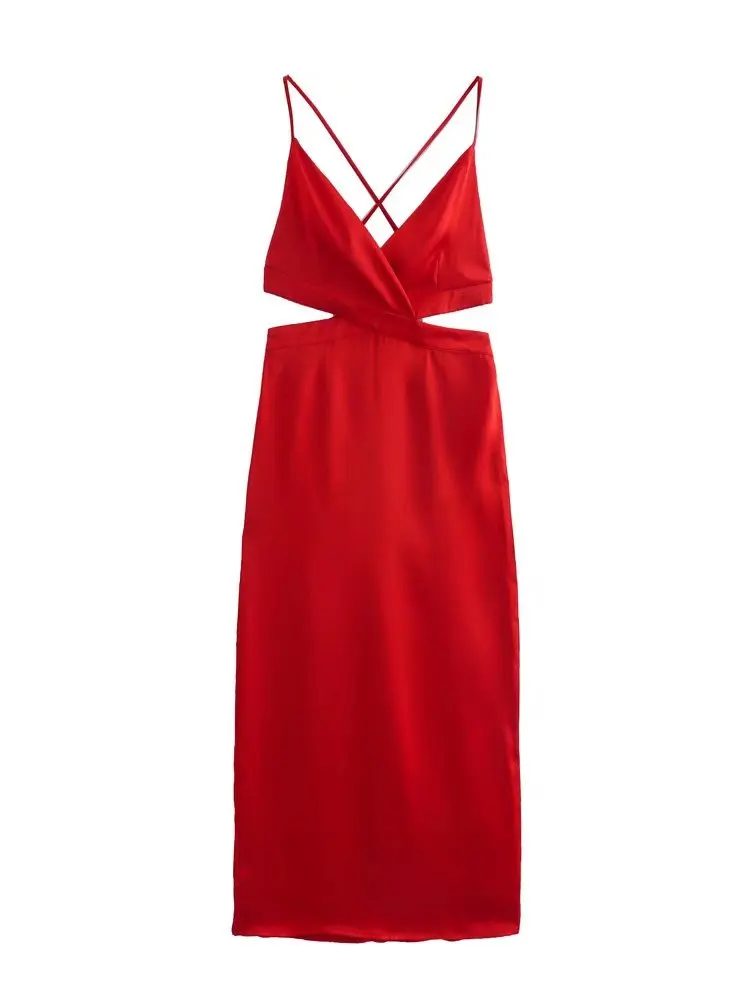 

MESTTRAF Sexy Design 2022 Women Red Sexy Hem SplitCutout Midi Dress Vintage Sleeveless Elegant Party Dresses Vestidos