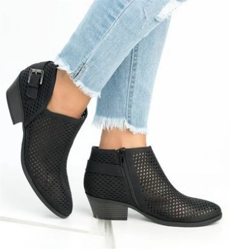 

grueso para Mujer, botines puntiagudos con cremallera lateral, Zapatos Retro ahuecados, verano 2022