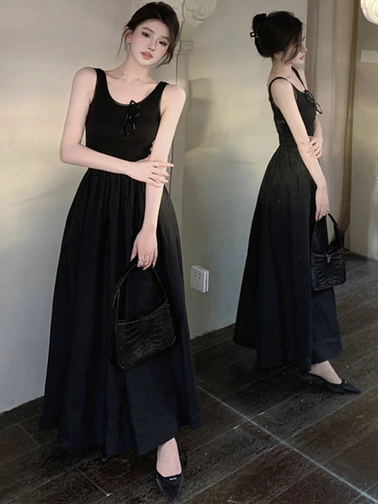 

Summer New Women Elegant Midi A Line Tank Black Dress Female Vestdios Casual Lady Party Fashion Clothes