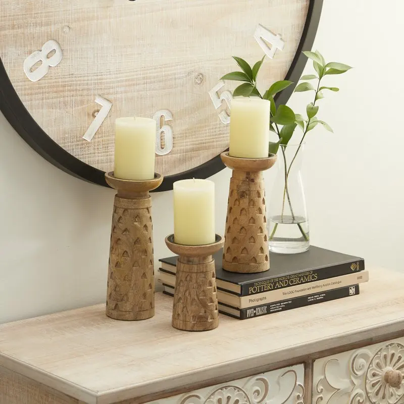 

3 Candle Brown Wood Handmade Geometric Intricate Carved Pillar Candle Holder, Set of 3 Home Decoration Candle Holders