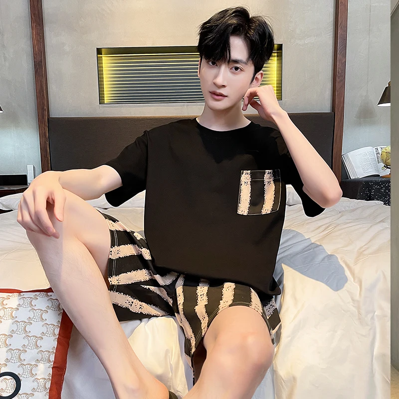 Men Summer Pyjama Set Cotton Soft Comfortable Striped Teen Pocket Lounge Plaid Home Sleepwear 2 Pieces Broadcloth