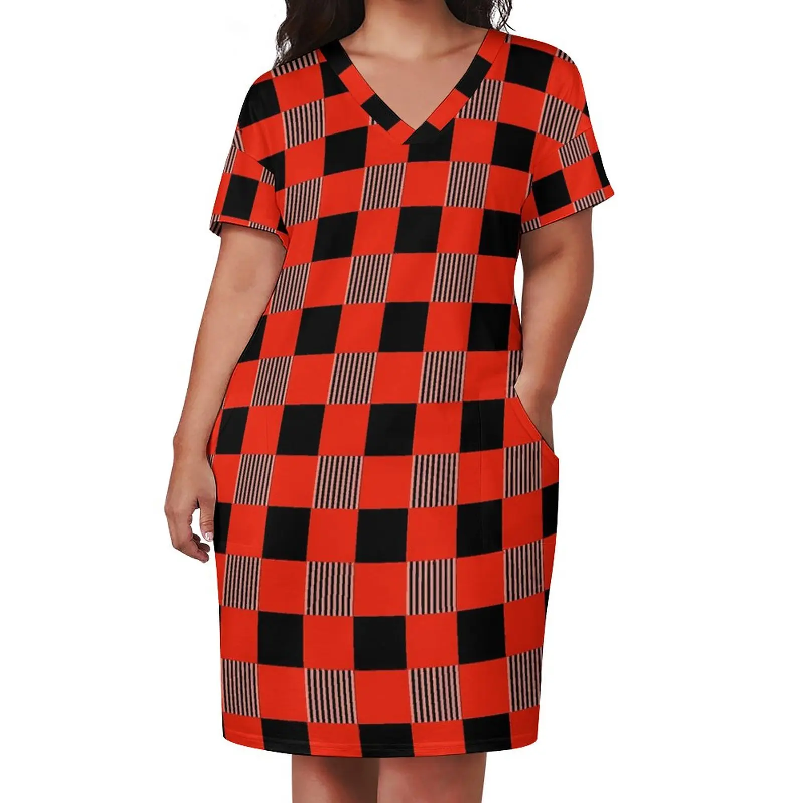 

Hard Gingham Casual Dress Summer Red And Black Stylish Dresses Female V Neck Printed Aesthetic Dress Big Size 3XL 4XL