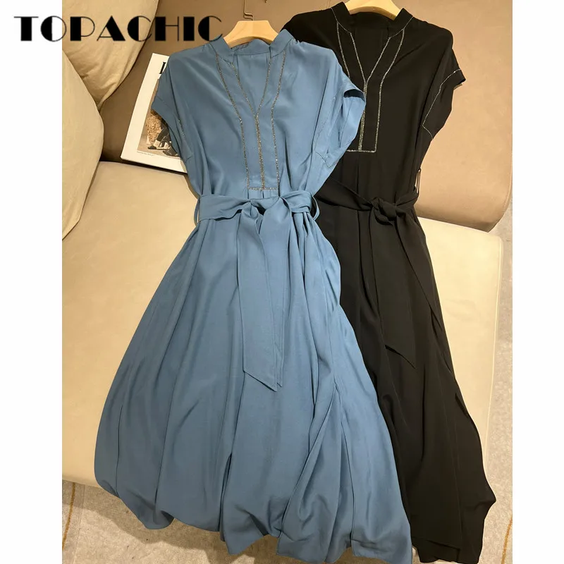 6.27 High Quality Chain Beading Design V-Neck Temperament Elegant With Belt Collect Waist Midi Split Dress Women