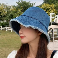 blue women denim bucket hats foldable fisherman washed flat bucket hat outdoor beach sunhat cap tassel cute gir outdoor women