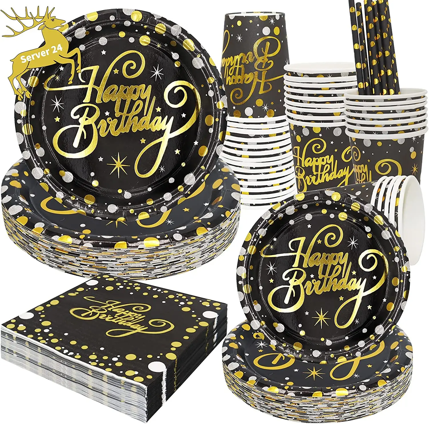 

120pcs Vaisselle Anniversaire, Gobelets et Assiettes Carton Anniversaire pour 24 Invités, Assiettes Papier Pailles Papier et