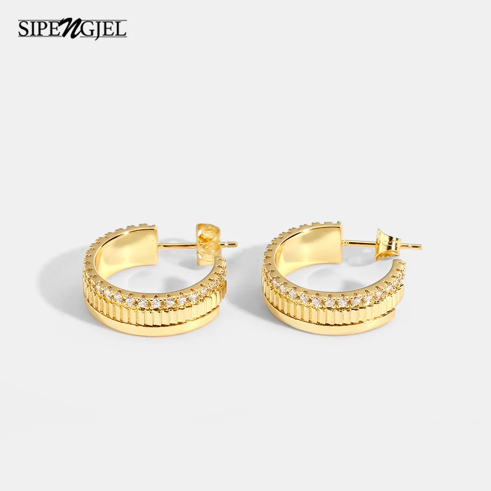 

SIPENGJEL Fashion Cubic Zircon Gold Plated Round Circle Stud Earrings for Women Luxury Geometric Earrings Party Jewelry Gift