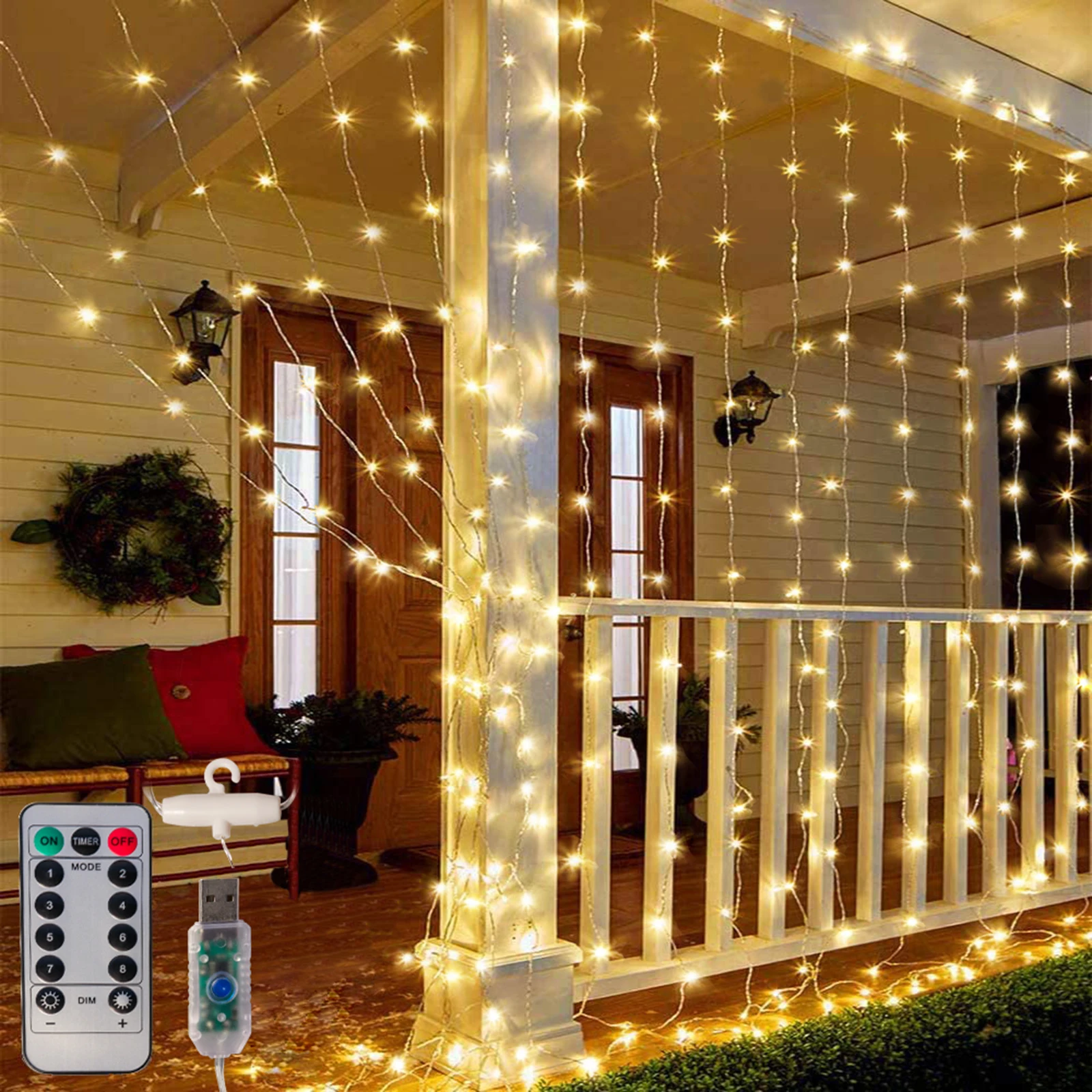 

9.8X6.5Ft Curtain Lights 200 LED USB-Powered Fairy Lights with Remote Control Hanging Twinkle Lights for Indoor Outdoor Decor