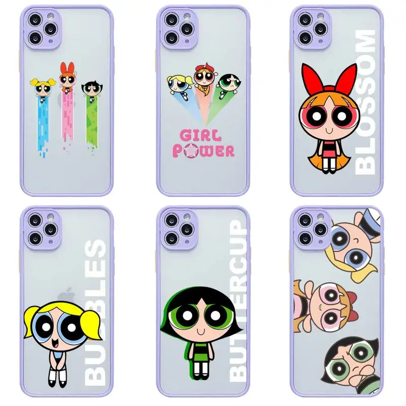 

Funny Cartoon Powerpuff Girls Phone Case For iphone 13 12 11Pro Max Mini XS 8 7 Plus X SE 2020 XR Light purple Matte Transparent