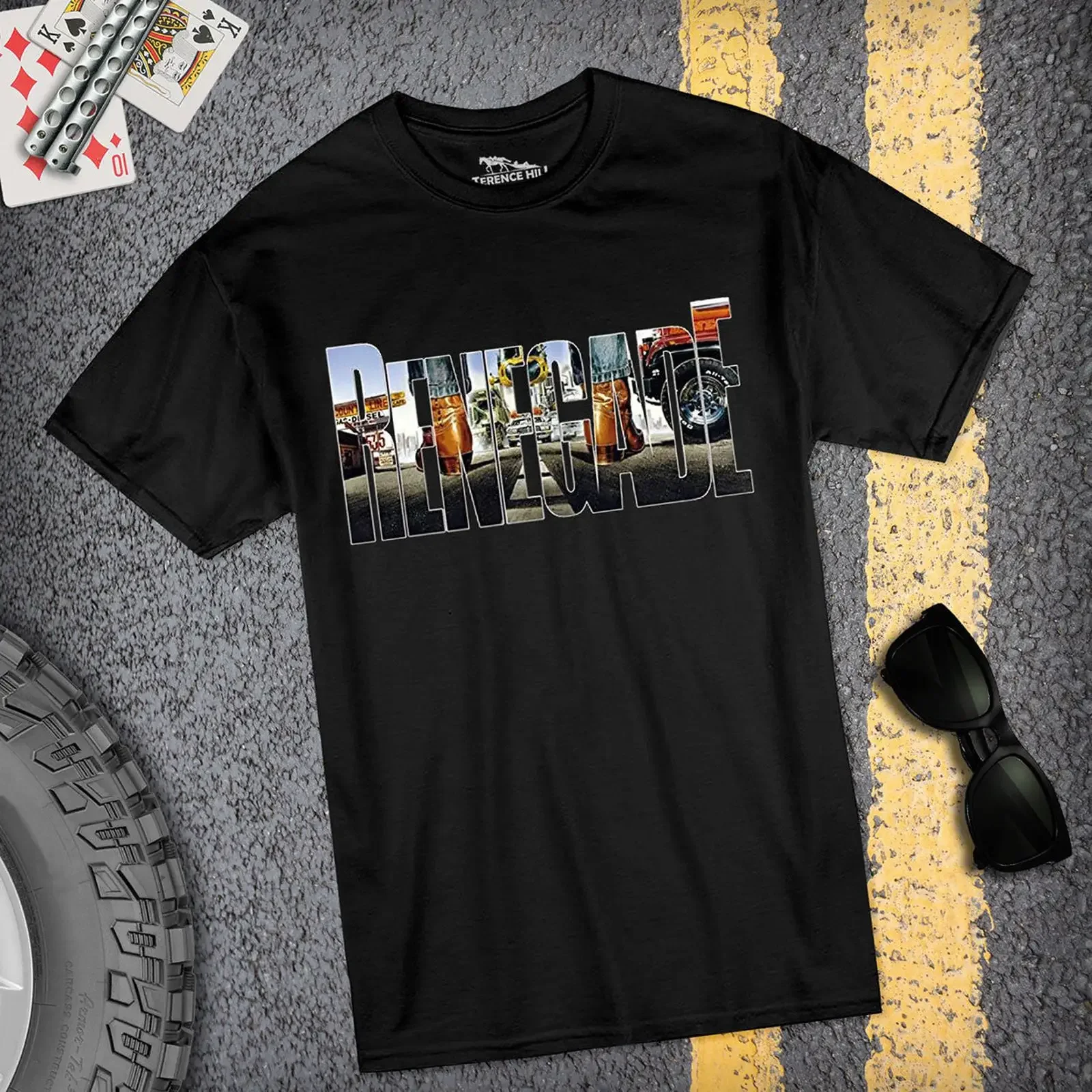 Фото Футболка в стиле Renegade Style, черная, Terence Hill Renato Casaro Edition, винтажная, с эффектом потертости, унисекс, универсальная, модная, уличная одежда №1