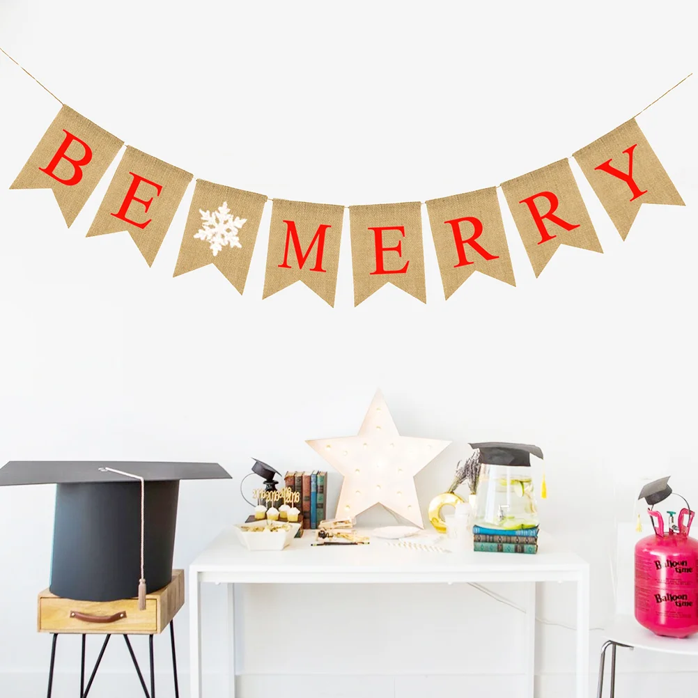 

1 pc Bunting Banner Linen BE MERRY Letters Burlap Banner for Xmas Home Decor Party