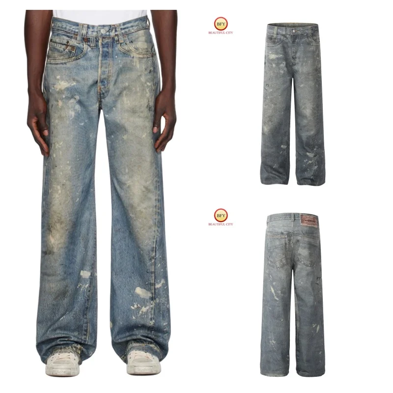 Винтажные граффити 24 новых чернильных брызг повседневные прямые широкие брюки с