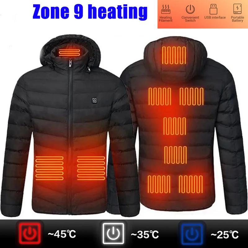 

Men Warm Jackets Winter Warm USB Heating Jackets Smart Thermostat Pure Color Hooded Heated Clothing Waterproof Zone 9 Heating