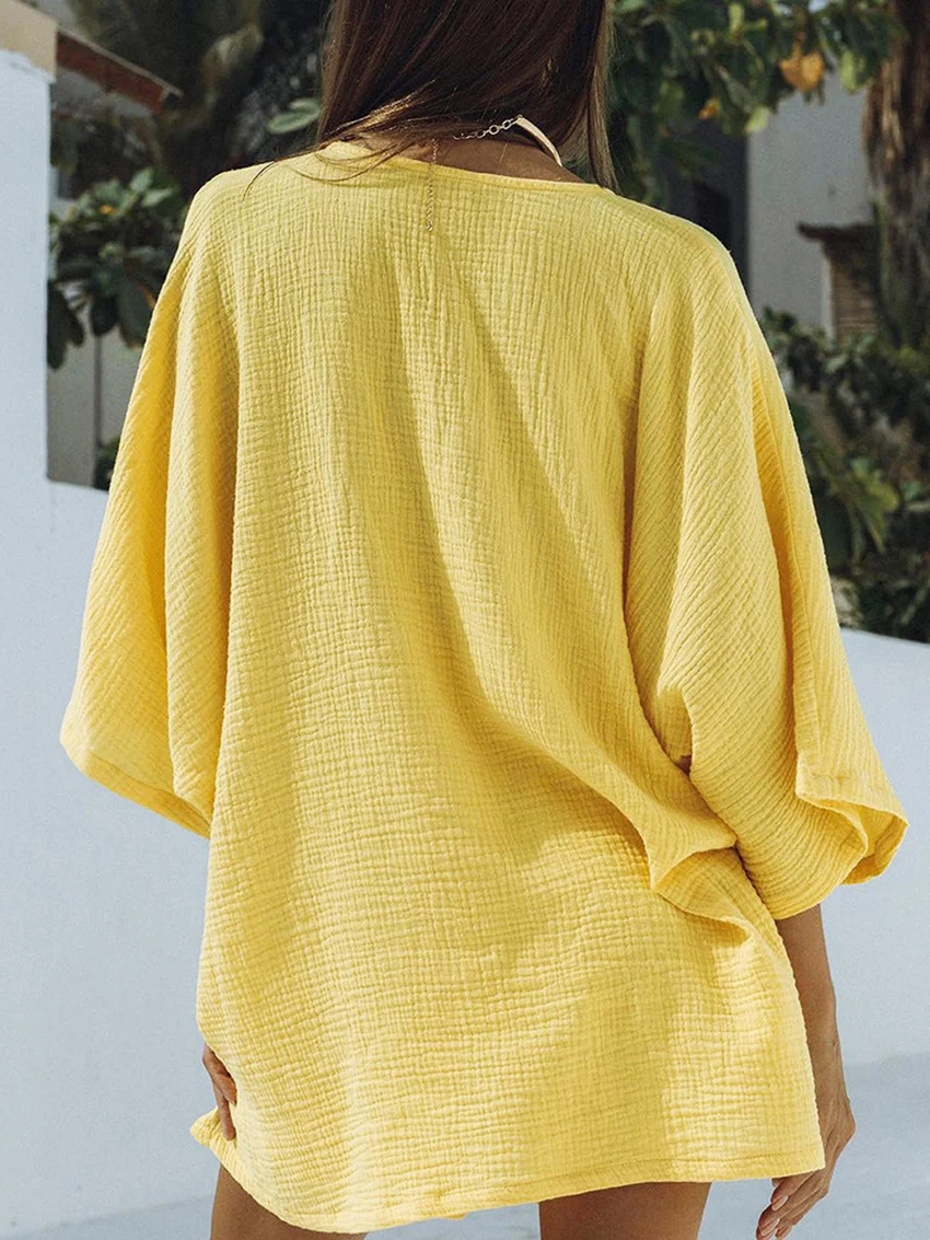 Marthaqiqi Cotton Women'S Pajamas Sexy V-Neck Lace Up Sleepwear Three Quarter Sleeve Nightwear Shorts Femme Summer Pyjamas Suits