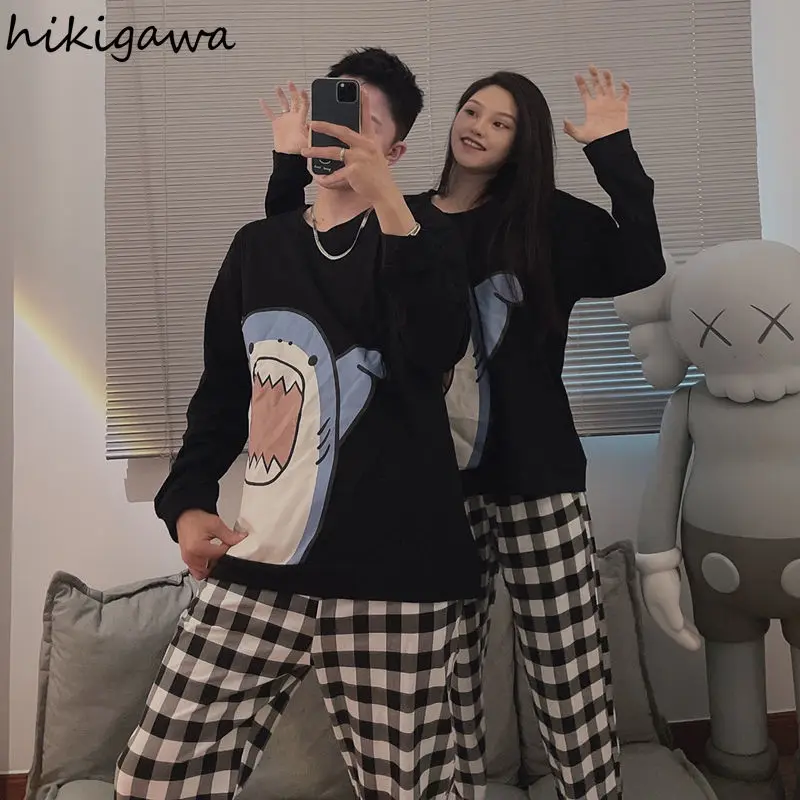 Hikigawa Милая женская пижама с принтом акулы осенняя черная Пижама для пар кавайная