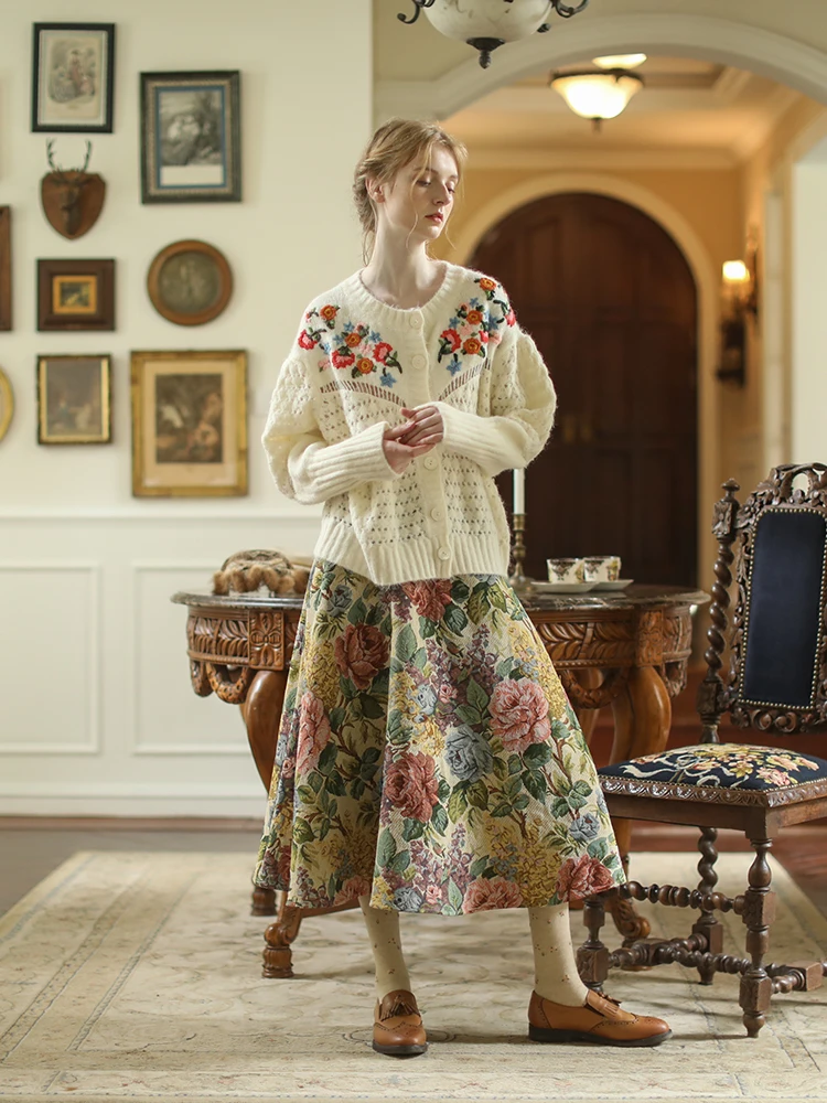 Женский винтажный кардиган шерстяной свитер с французской вышивкой ручной