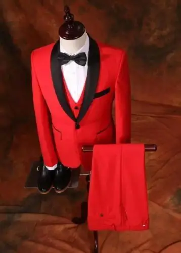 

Red Mens Suits With Black Lapel Groom Tuxedos Groomsmen Shawl Collar Men Wedding Blazer Dinner Prom Suit 3 Pcs(Jacket+Pant+Vest)