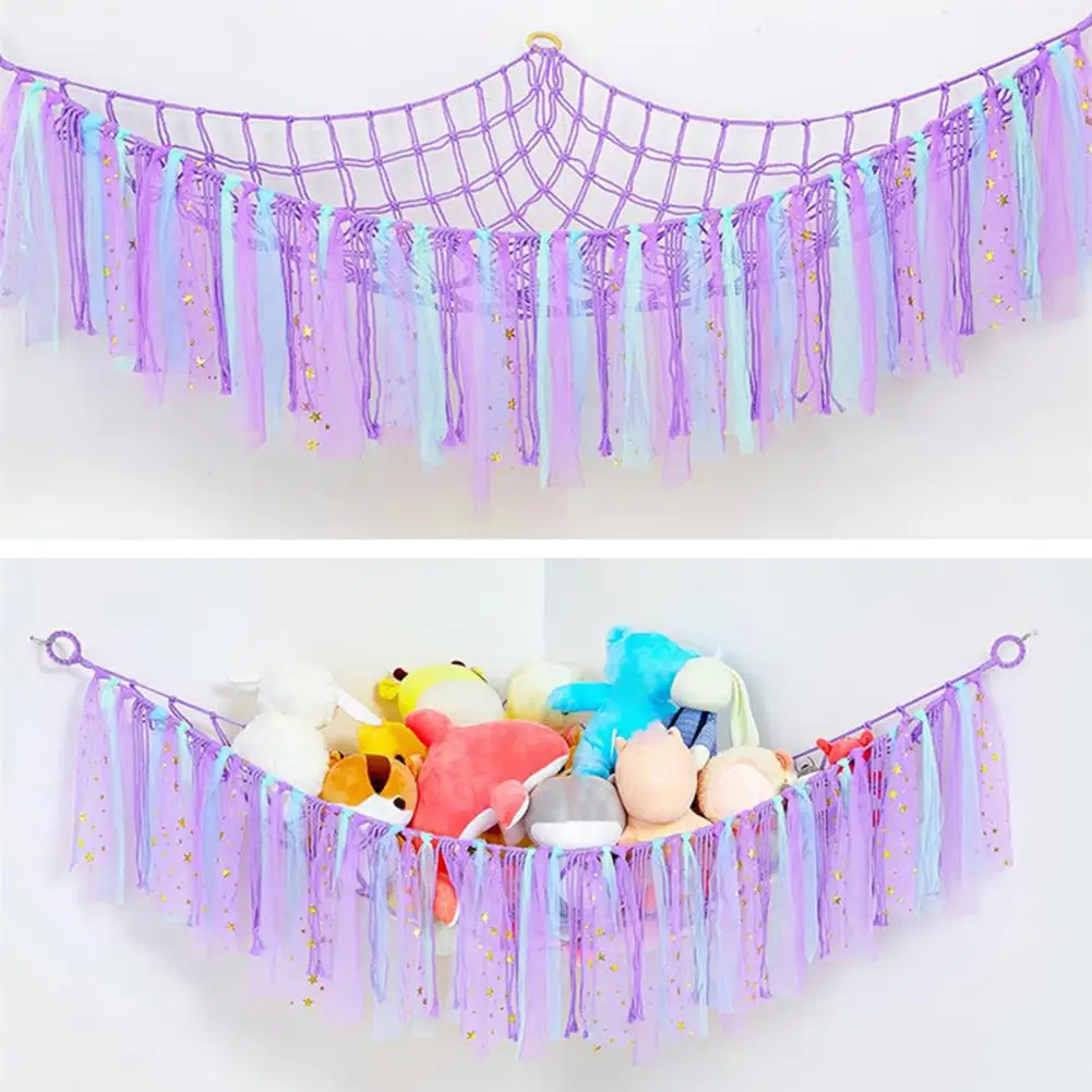 

Useful Toy Organizer Hammock Novelty Mesh Toy Net Fine Workmanship Colored Ribbon Stuffed Animals Net Decor