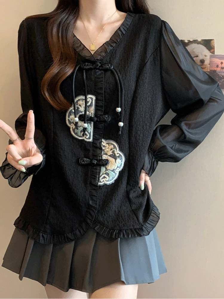 Новые китайские рубашки с длинным рукавом и V-образным вырезом в стиле ретро