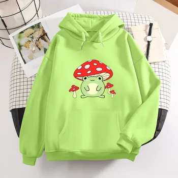Mushroom Frog Hoodie Vintage Harajuku Women's Winter Hoodies Kawaii Casual Streetwear Aesthetic Oversize Top Green Sweatshirts 1