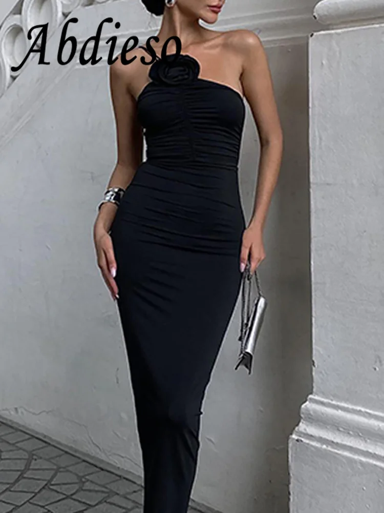 Abdieso Elegant Summer Floral Sexy Backless Long Club Party Dresses Women Off Shoulder 2023 Black Sleeveless Wrap Bodycon Dress