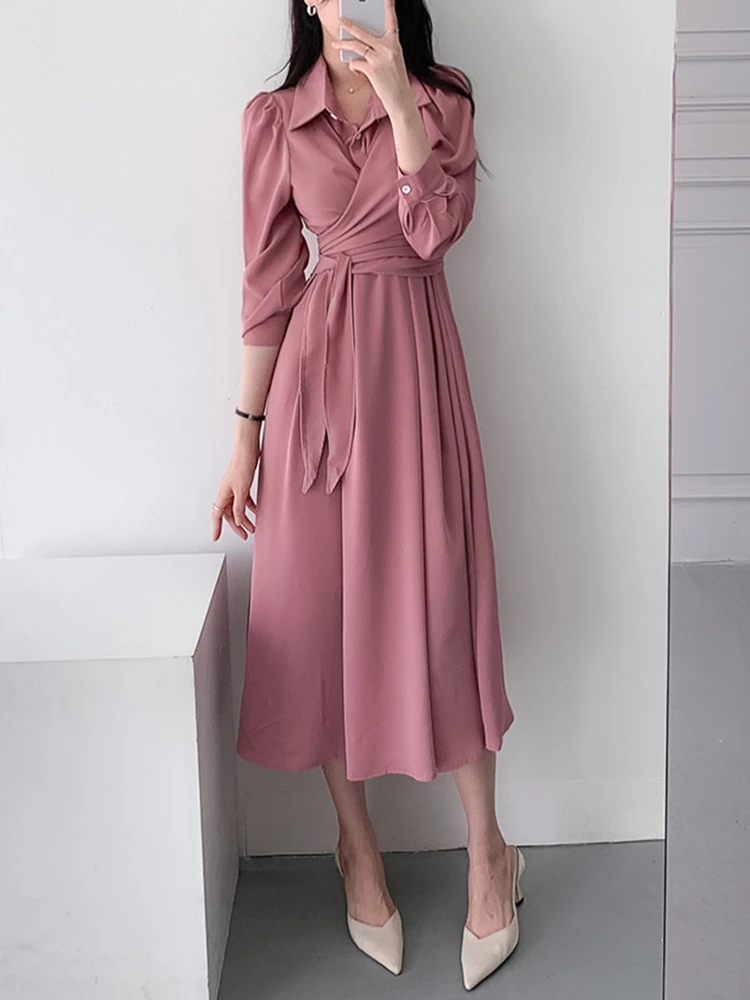 

Платье-рубашка женское средней длины, повседневное элегантное модное офисное платье-трапеция на шнуровке, весна-осень