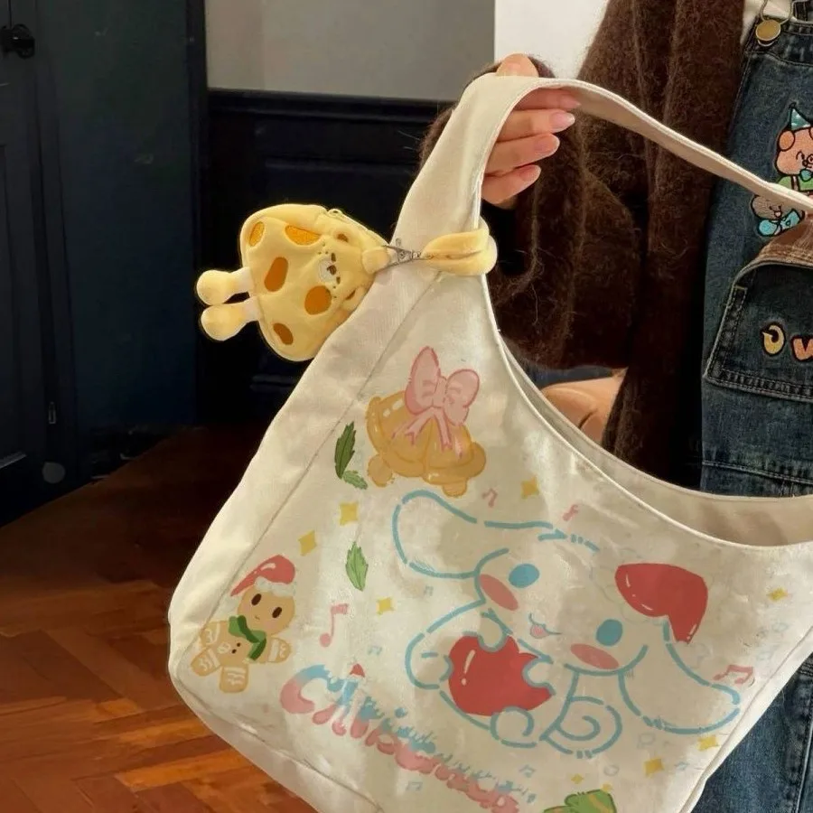 Фото Сумка-хобо из холщовой ткани Kawaii Sanrio Cinnamoroll в рождественском стиле — милая мультяшная сумка через плечо с праздничными принтами №3