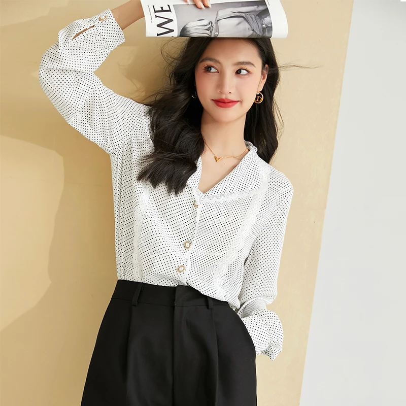 

Vintage Lace Spliced Long Sleeve Dot Shirt Women Tops Spring Autumn Office Lady Elegant Chic Loose Casual Work Blouse B3020