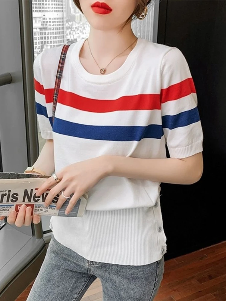 

GGRIGHT Haut Femme Elegant Tshirt Women 2022 Short Sleeve Woman T-shirts O-Neck Camiseta Mujer T-shirty Damskie Knitted Tops