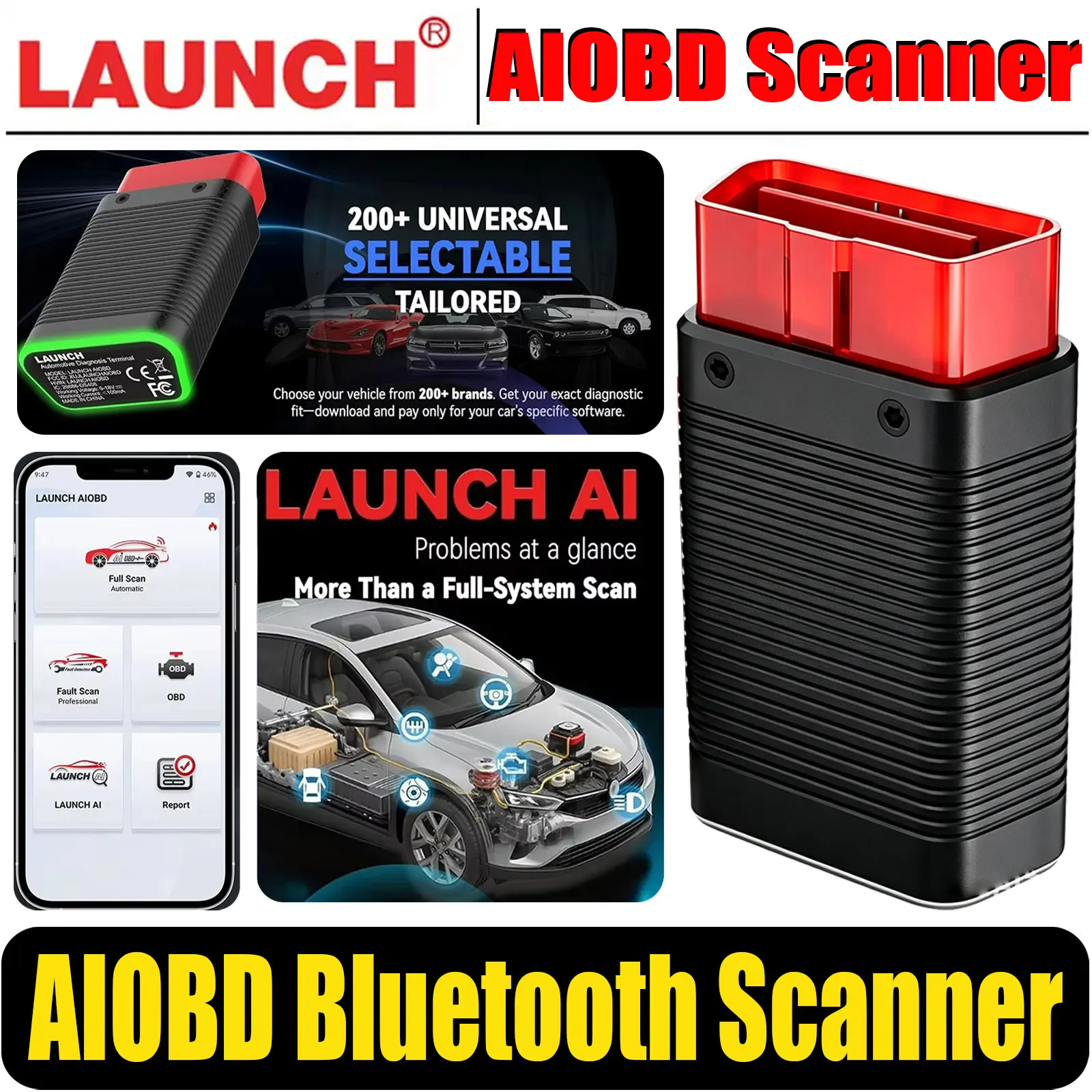 Фото Автомобильный Bluetooth-сканер AIOBD 2026: полнофункциональный диагностический инструмент для всех систем, считыватель кодов OBDII, работает с Android и iOS №1