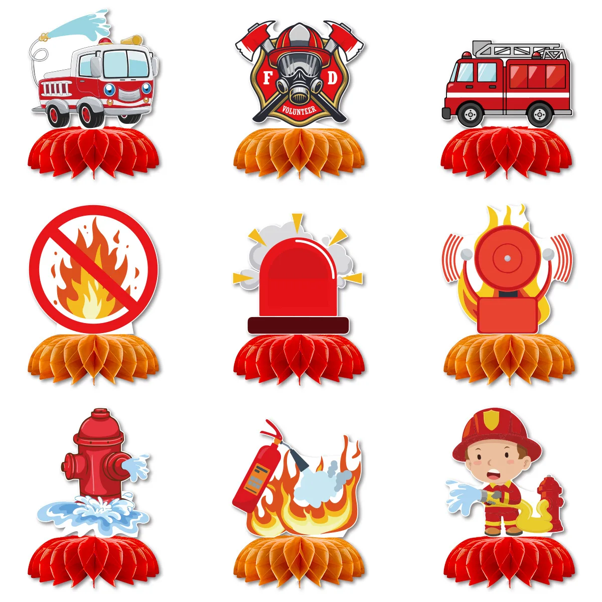 

9Pcs Fire Truck Vehicle Honeycomb Table Centerpiece Colorful Hanging Paper Fans Fire Truck Table Party Decorations Birthday