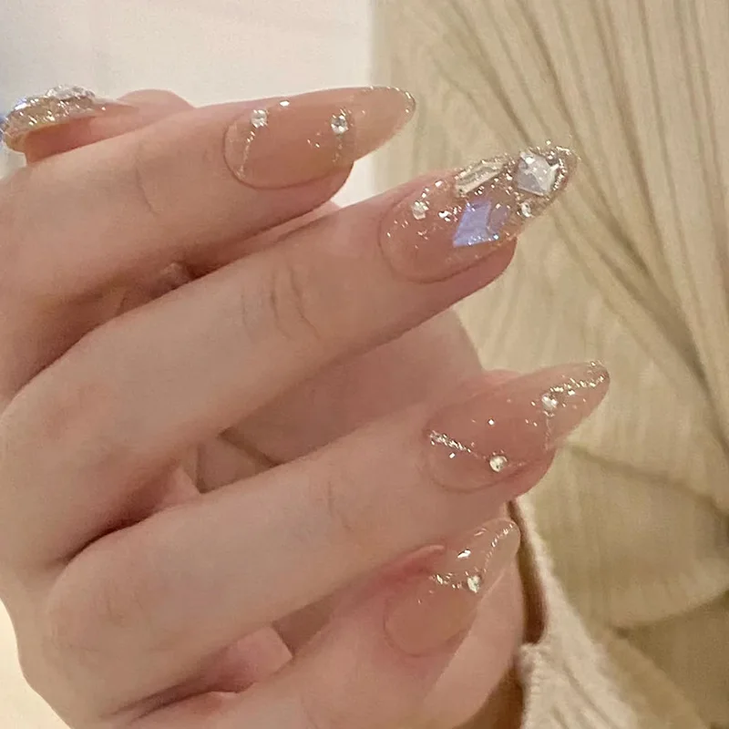 

24Pcs Glitter Detachable Fingernails Almond Ballerina Wearable Fake Nails Press on Round Head False Nails Full Cover Nail Tips