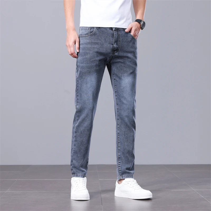 Smoky Grey Sraight Trousers Men's New Jeans Men Elastic Slim Small Straight Trousers Men's Simple Fashion Casual Jeans