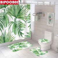 Tropical Green Plant Palm Leaf Shower Curtains Bathroom Curtain Toilet Cover Rugs Anti Slip Floor Mats Bath Carpet Home Decor