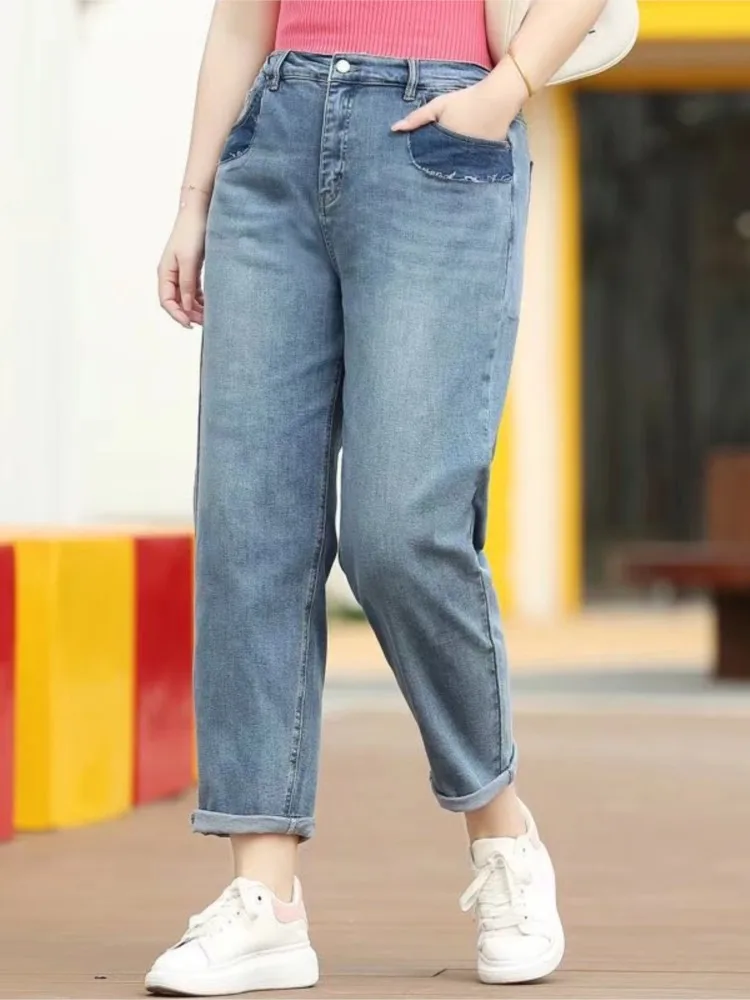 

Женские джинсы с высокой талией, джинсовые брюки-шаровары, повседневные брюки контрастных цветов с карманами, весна 2022