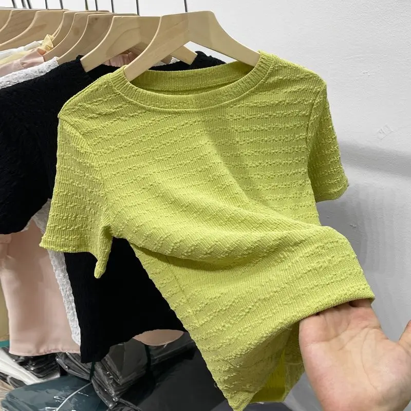 

Round Neck Solid Color Chiffon T-shirt Korean Short-sleeved All-match Summer New T-shirt Women's Top