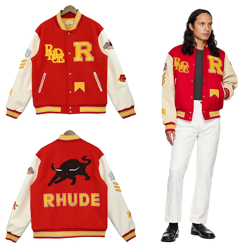 

Rhude American Retro Alphabet Embroidery Baseball Jacket Women Autumn Winter Cotton Loose Splice Red Jacket Top