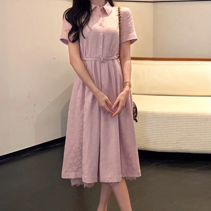 

2023 Summer Elegant Jacquard Dress Runway Designer Women Belt Slim Big Swing Lace Decoration Temperament Pleated Midi Dresses