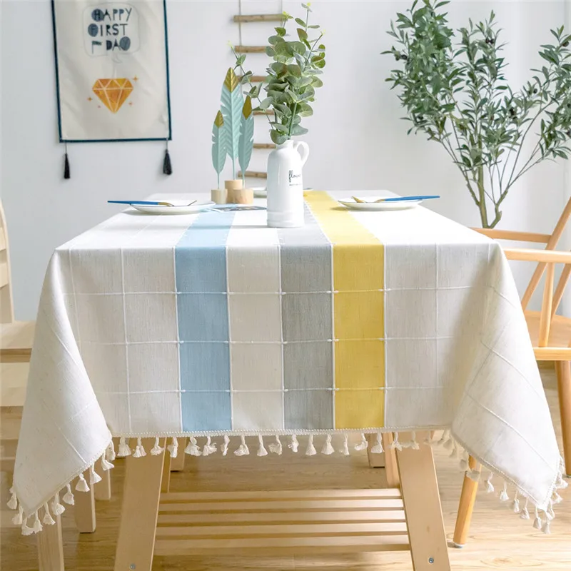 

Three-tone Plaid Decorative Linen Tablecloth With Tassel Waterproof Oilproof Thicken Rectangular Wedding Dining Tea Table Cloth