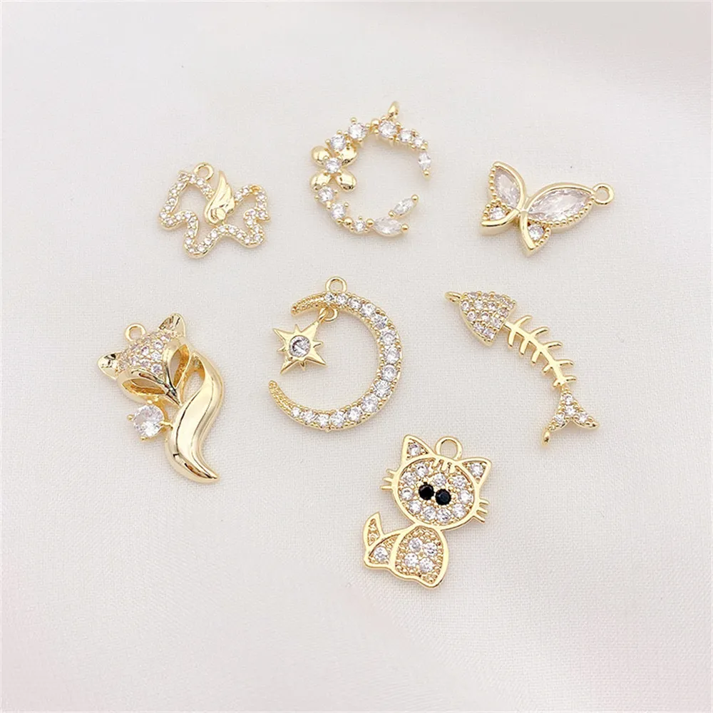 

1pcs 14K Gold Color Micro Set Zircon Moon Butterfly Cat Pendant DIY Handmade Necklace Ear Jewelry Material Accessories