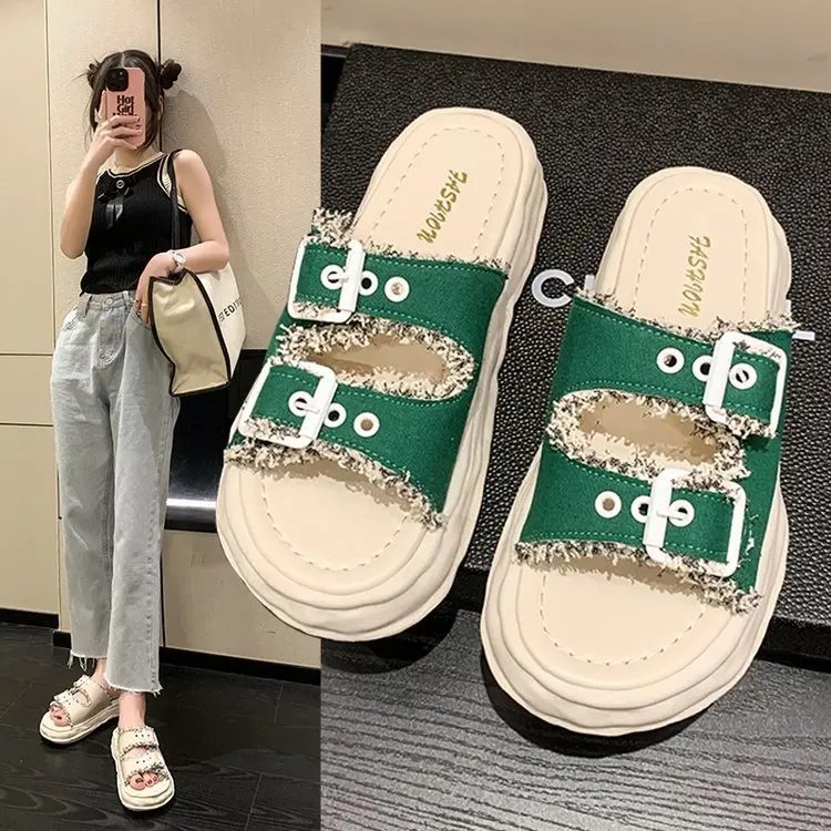 

Шлепанцы женские на платформе и низком каблуке, сланцы, пляжная обувь в римском стиле, роскошные дизайнерские тапки с копытным каблуком, F, лето 2023