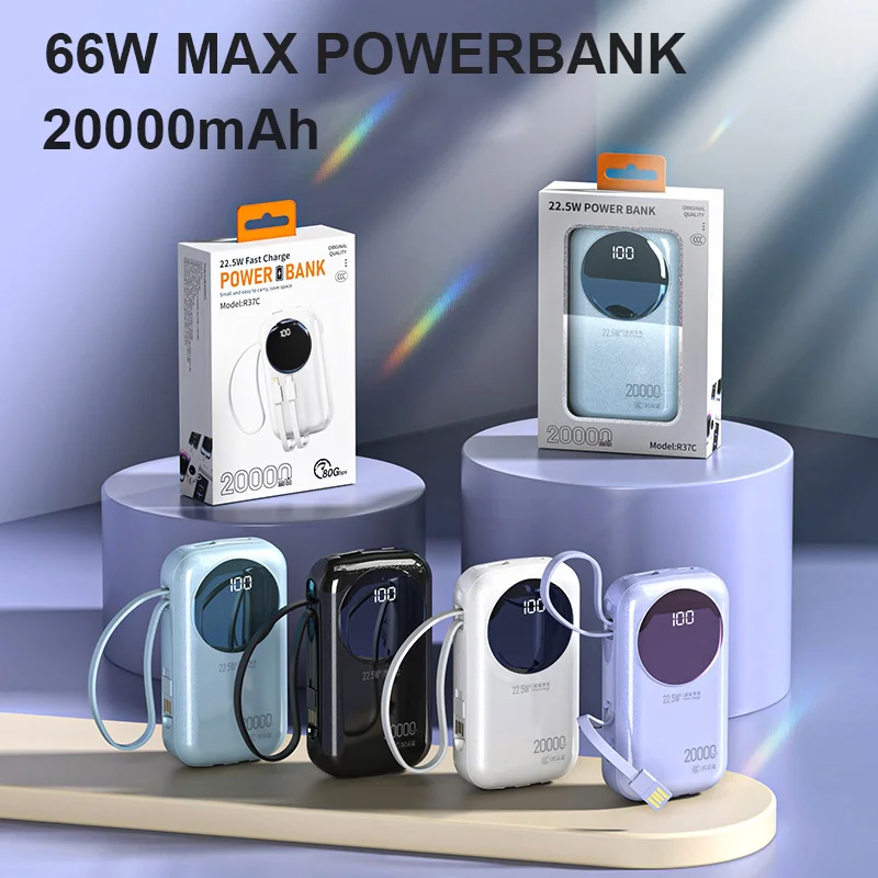 Портативный мини-Power Bank PD 66 Вт 20000 мАч встроенный кабель USB C внешний запасной